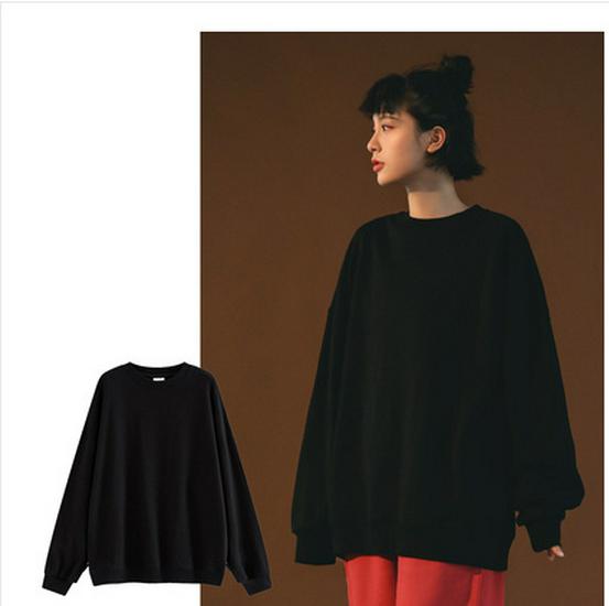 Spring Crew Neck Sweatshirt: Drop Shoulder, Solid Color, Long Sleeve, Logo-Printed Workwear.