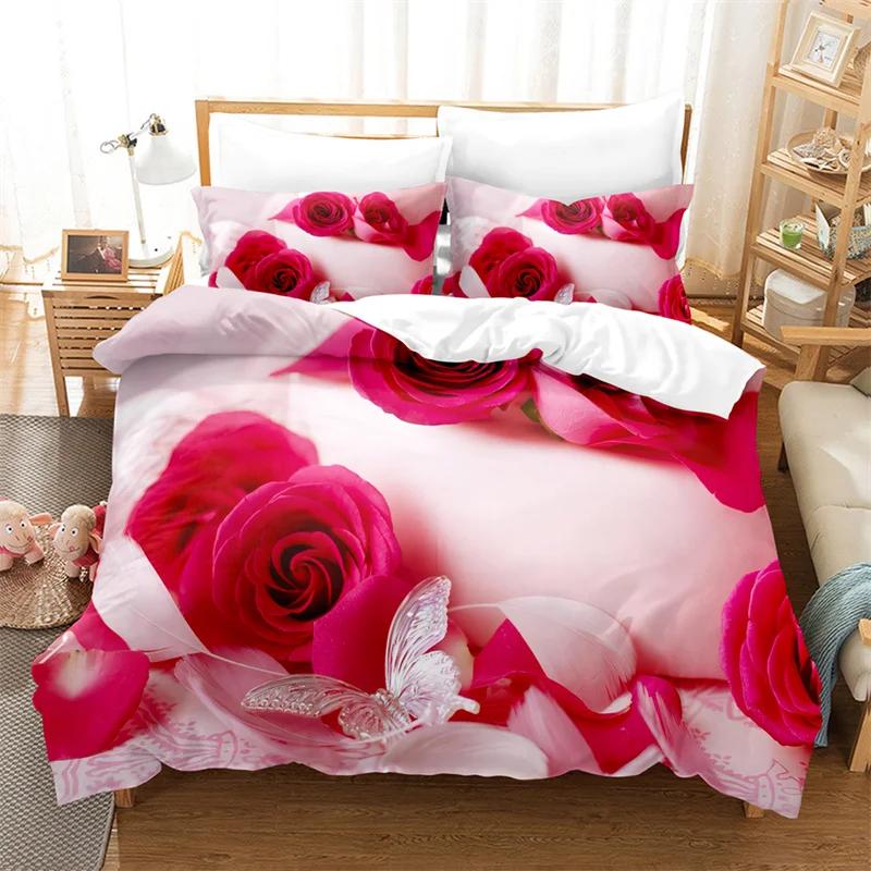Red Rose Queen Size Duvet Cover 220X240 Bedding Set 3Pcs/2Pcs With Pillowcase Flower Quilt Cover For Double Bed Single Beds