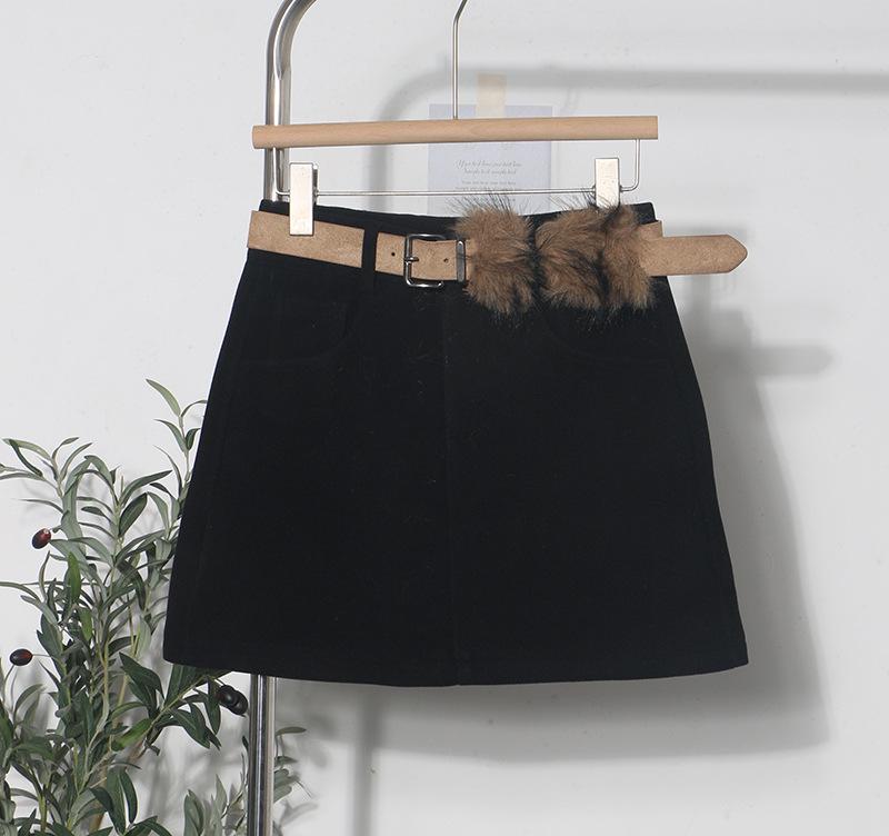 

High-Waisted Slimming A-Line Wool Skirt with Belt - Winter Style Fuzzy Fabric, Hip-Hugging Anti-Exposure Design Small чёрный