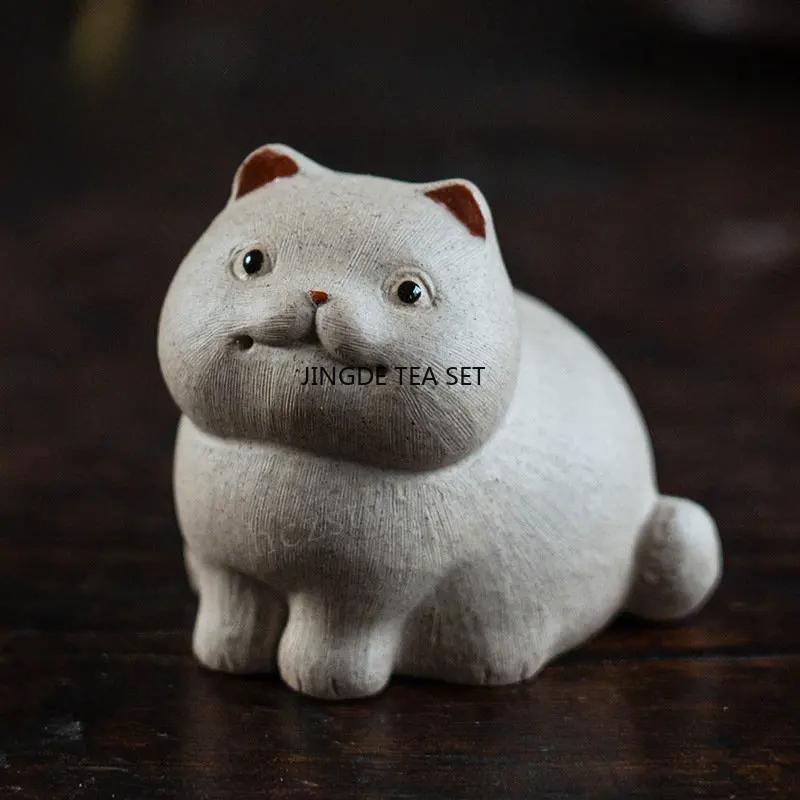 Creative Yixing Purple Clay Tea Pet Handmade Cute Lucky Cat Art Ornament Chinese Kung Fu Tea Set Gift