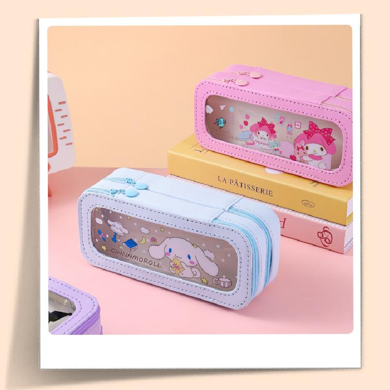 Kuromi Hello Kitty Melody Cinnamoroll Transparente doppelwandige Federtasche für Kinder und Schüler