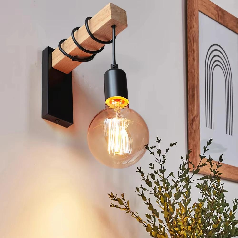 Retro Wood LED Wall Lamp E27 220V 110V Industrial Night Loft Light Fixtures Live Room Bedside Lamp Decor for Bathroom Restaurant