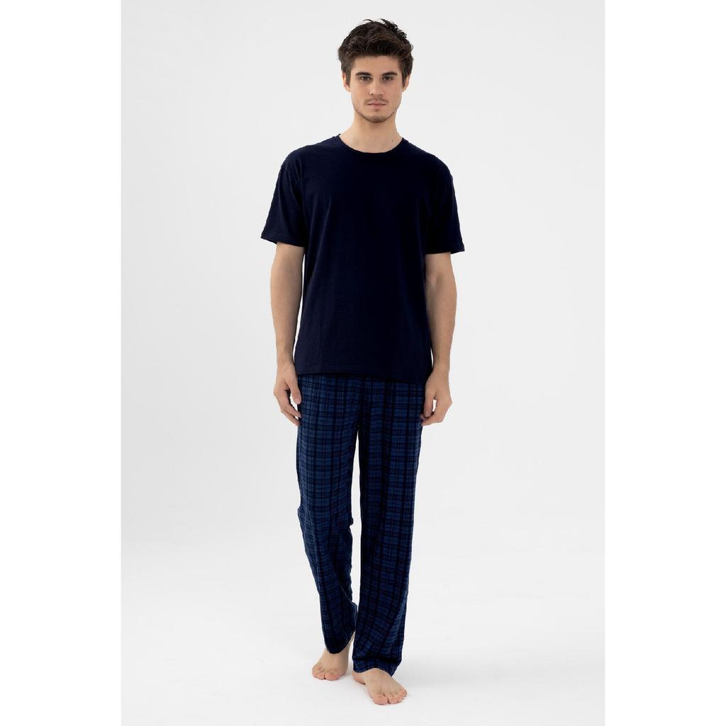 Men's Cotton Short Sleeve Navy Blue Plaid Patterned Pocket Detailed Pajama Set