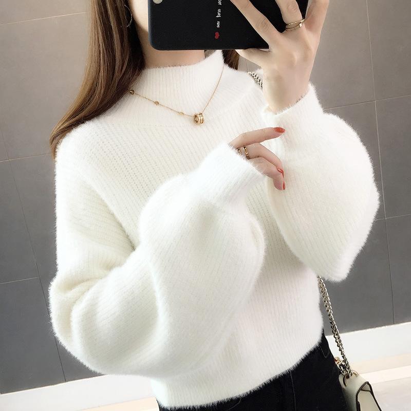 

Жіночий светр із напіввисоким вирізом. Вільний осінньо-зимовий в’язаний светр зі штучного хутра норки. Светр з довгими рукавами. Пуловер. Однотонний повсякденний светр. L бежевий