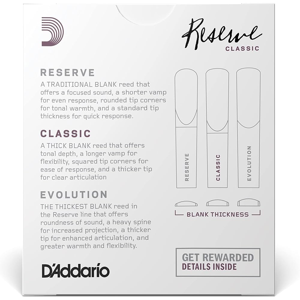 D'Addario WoodWinds Daddario Reed for Bb Clarinet RESERVE CLASSIC DCT1025 [Hardness: 2.5] Pack of...