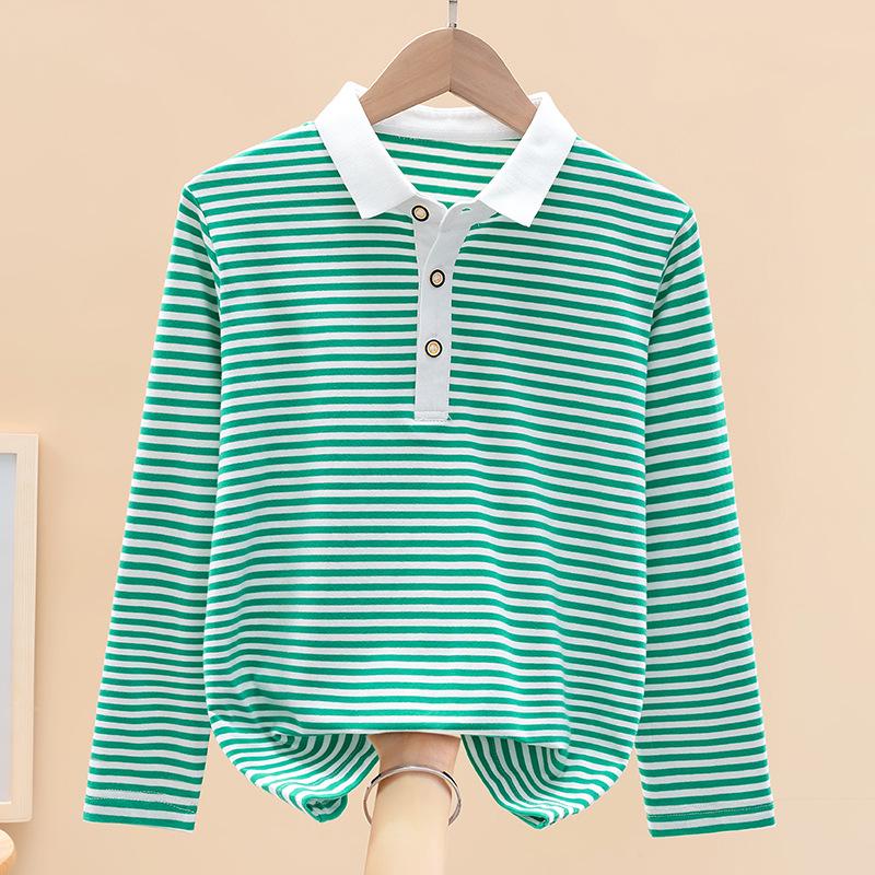 

Boys Striped Long-Sleeve Polo Shirt for Spring and Autumn - Primary School Children s Top 150 cm зелений