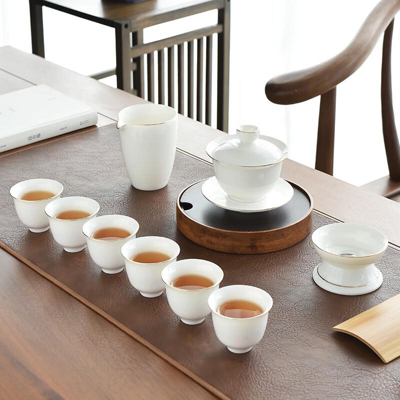 Suet Jade White Porcelain Kung Fu Tea Set with Gold Trim
