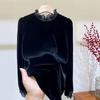 Vintage Damen Übergröße Samtbluse Spitze Patchwork Langarm Samt T-Shirt Herbst Spitzenkragen Pullover Top