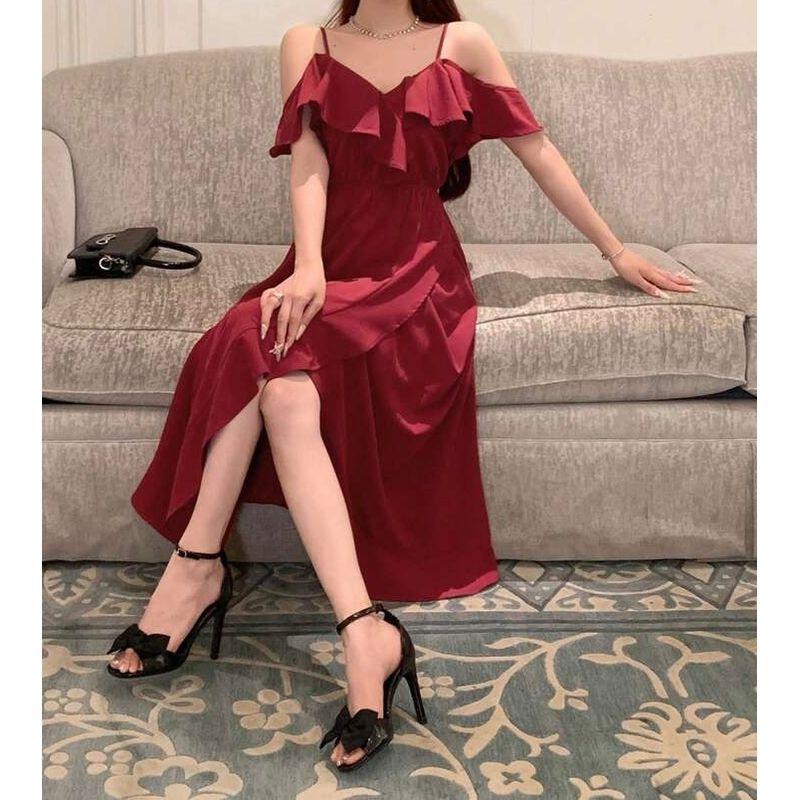 Foreign Trade Order 2025 Lady Temperament Elegant Beautiful Sling Frill off-Shoulder Sexy Irregular White Dress