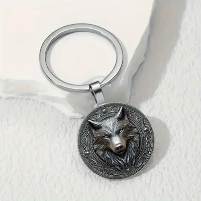 Exquisite Wolf Head Patterned Glass Keychain Pendant Accessory