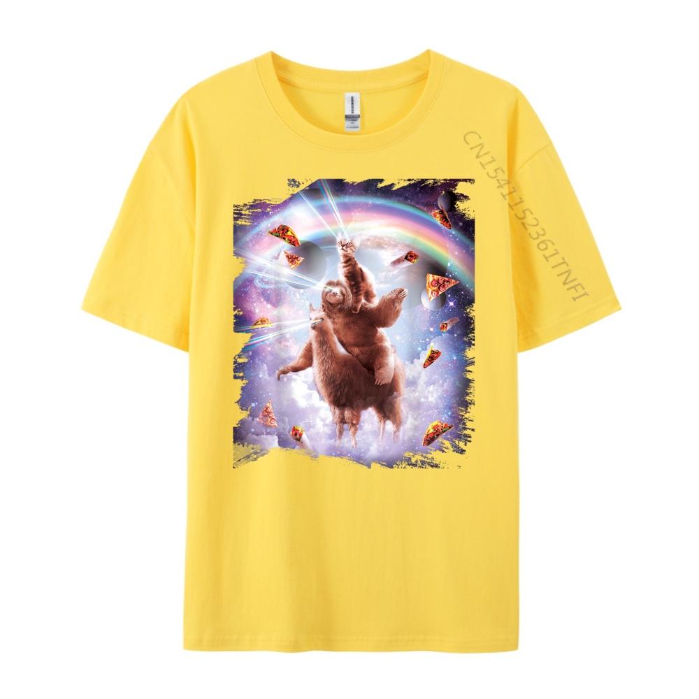 Laser Eyes Space Cat Riding Sloth Llama  Rainbow Shirts Graphic Tee White T Shirt Men
