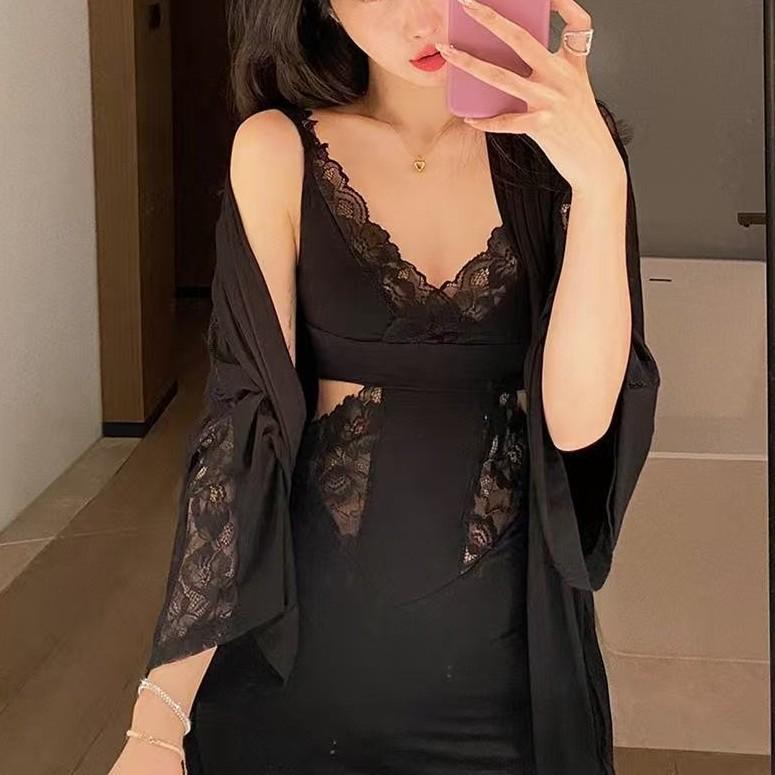 Pure desire style autumn and winter two-piece set, sexy deep hollow backless, hip-wrapped and thin nightgown, modal comfortable nightgown