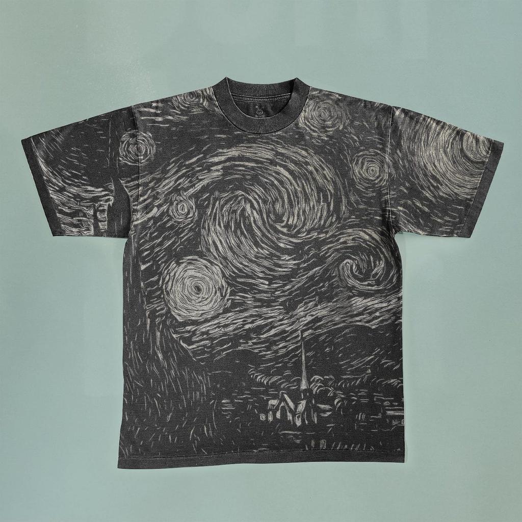 Van Gogh Starry Night Bleached T-Shirt: Handmade Faded Black Cotton