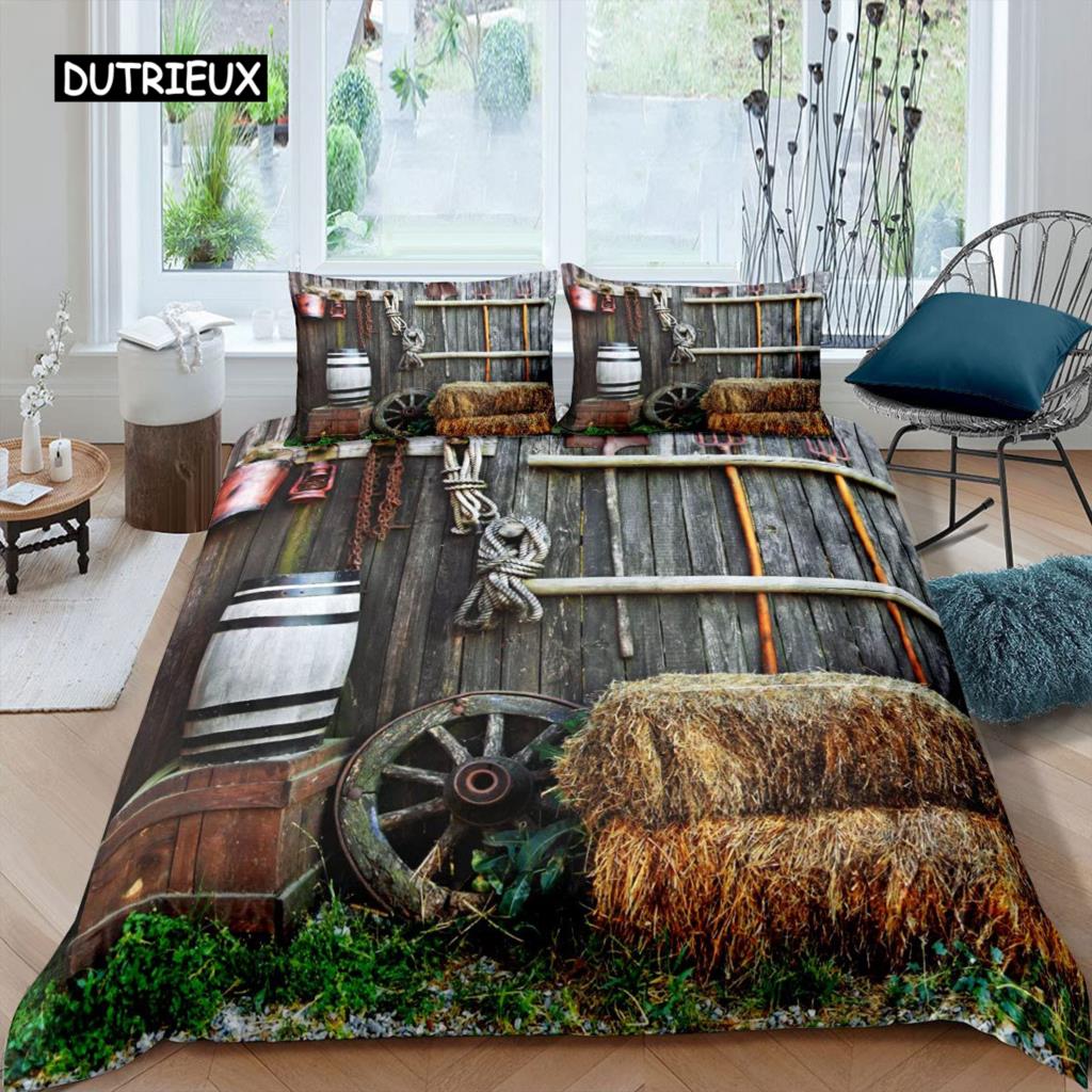 Set Copripiumino Porta Fienile in Legno Misura King Occidentale Set Biancheria da Letto Rustico Asse di Legno Stile Fattoria Country Poliestere