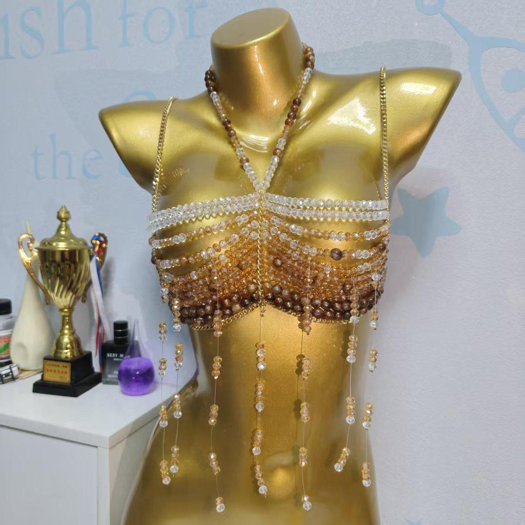 European Handmade Beaded Tassel Chest Chain - Strappy Back Beach Party Accessory