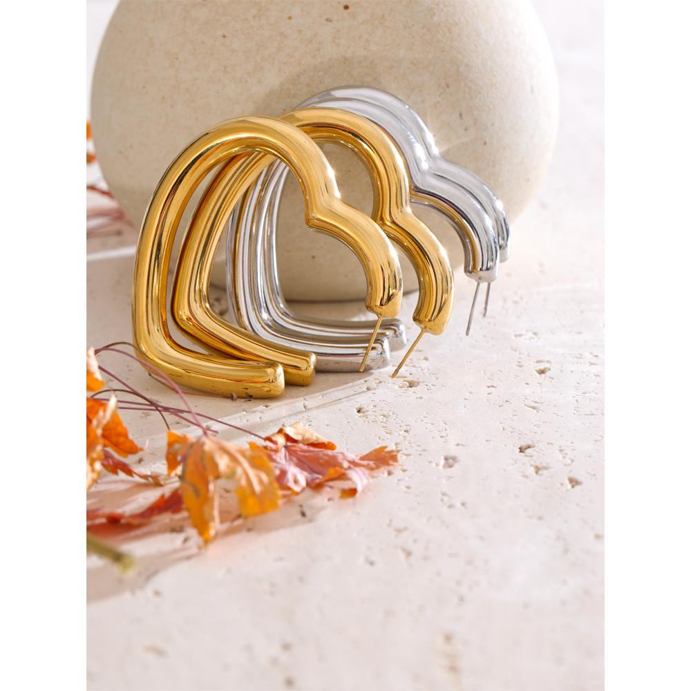 Yhpup 50mm Minimalist Glossy Stainless Steel Metal Heart Hollow Big Daily Earrings Gold & Platinum Plated Charm Romantic Jewelry