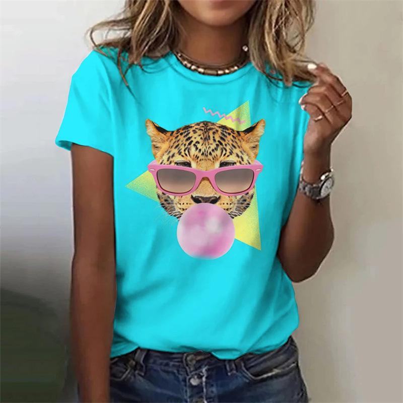 Summer Round Neck Funny Animal Colored Leopard Pattern 3D Print Top Fashionable Casual Short Sleeved Women's T-shirts