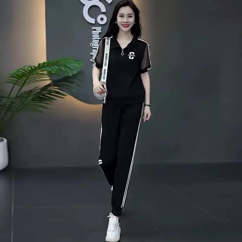 

Модный женский летний спортивный костюм 2025: Омолаживающие брюки на кулиске с манжетами на щиколотках и топ XL чёрный