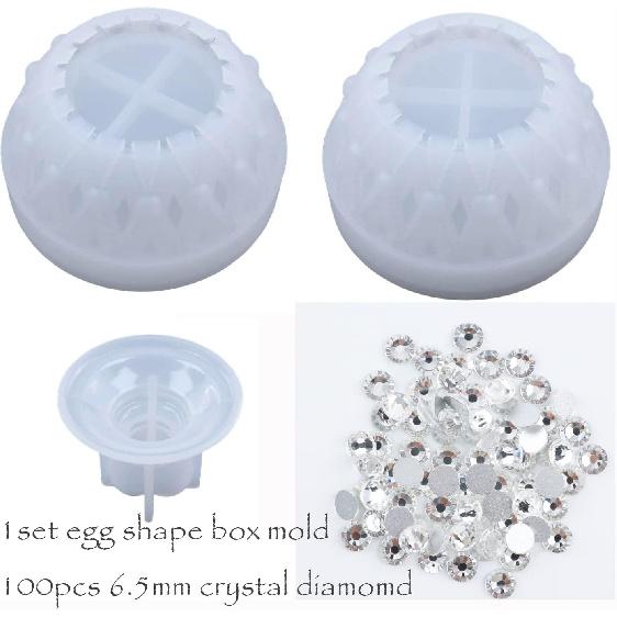 Ynxee Egg Shape Box with Heart Lid Epoxy Mold, for Small Trinket Jar Making, DIY Resin Casting Silicone Mold with 100pcs Matching Decorative Diamond