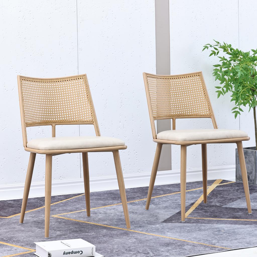 2 Dining Chairs, PU Seat, Rattan Backrest, Living Room, Bedroom Chair, Beige