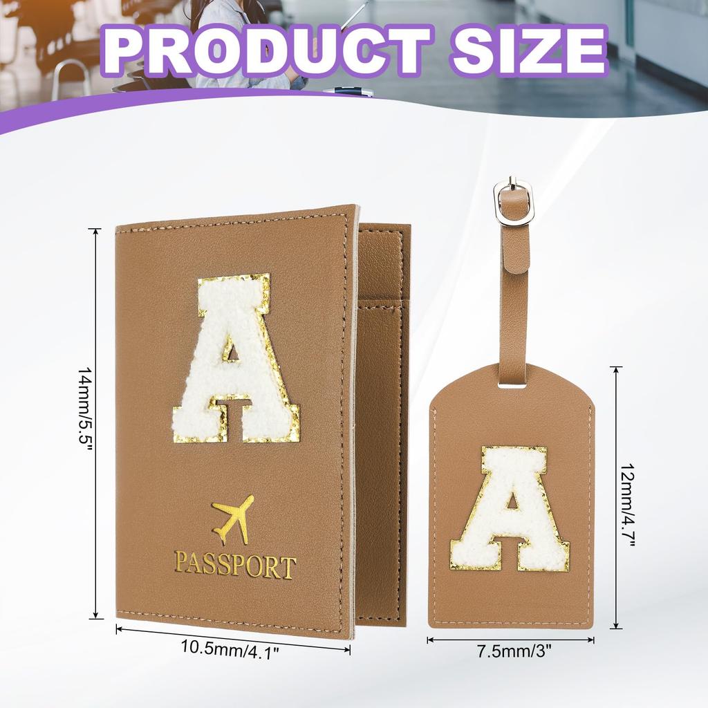 PATIKIL Travel Passport Luggage Tag Set with Initial Passport Cover and Alphabet Chenille Letter Brown A Travel Wallet Bag Suitcase Identifier for