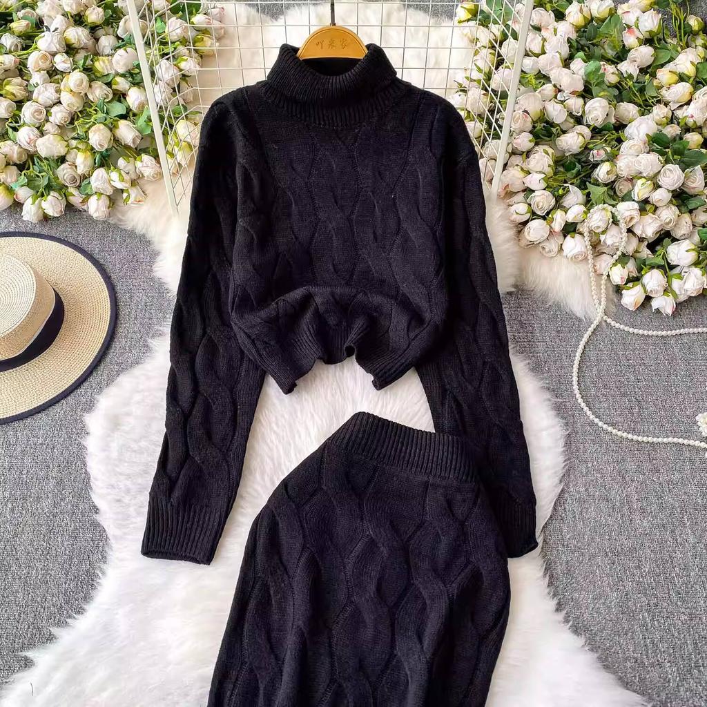 Autumn 2 Piece Set Turtleneck Sweater For Women Casual Fashion Style Chic Weave Top + High Waist Elegant Long Skirt