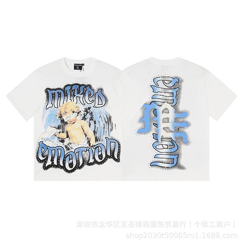 Unisex Vintage American Style Loose Fit Cotton Tee With Embellished Letter Print Round Neck Short Sleeve