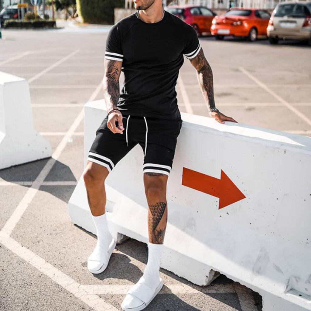 7 Colors Striped Patchwork Hem Woven Short Sleeve T Shirt Sets Men Summer Two Pieces Short Pants Suits Sportwear