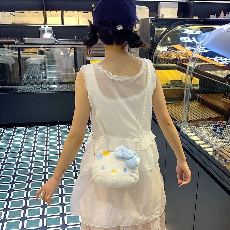 Pearl Chain Kitty Crossbody Bag Cute Plush Shoulder Bag Cat Storage Bag Kawaii Girl Women's Tote Pouch Children's Coin Purse