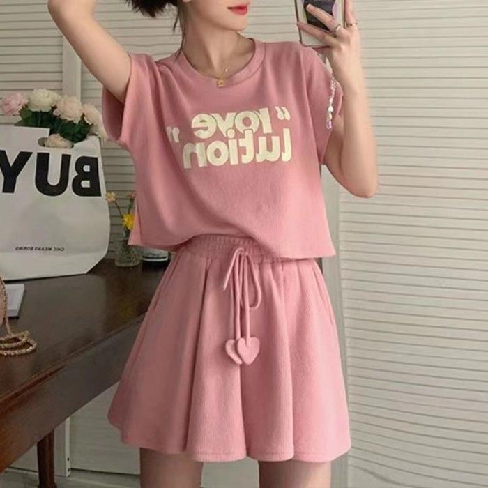 

Casual Sports Shorts Suit, Summer Women s Simple, Salty or Sweet Short-sleeved Two-piece Set 2XL рожевий