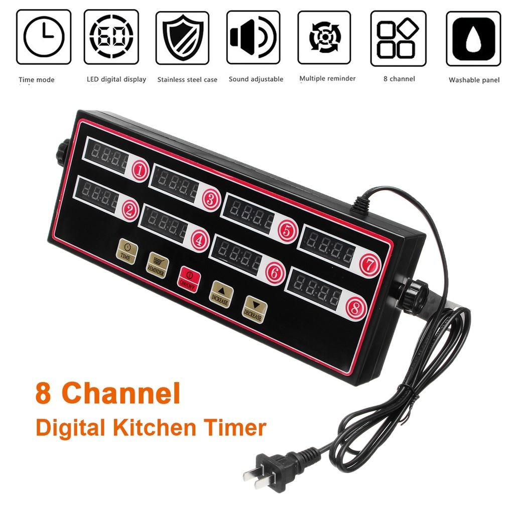 220V Shaking Reminder Commercial Restaurant 8 Independent Channel Kitchen Timer Digital Timer Cooking Timing LCD Display Clock