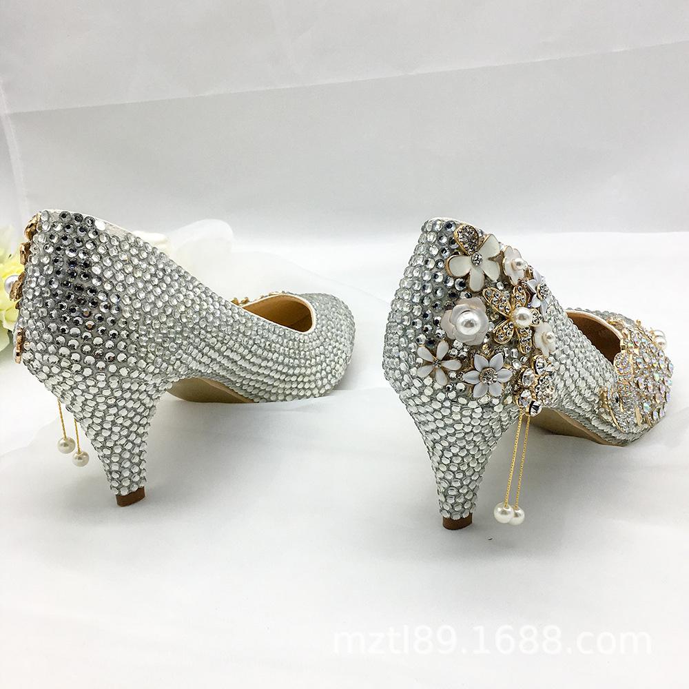 2025 silver rhinestone peacock high heels 5cm round head shallow mouth crystal women's shoes