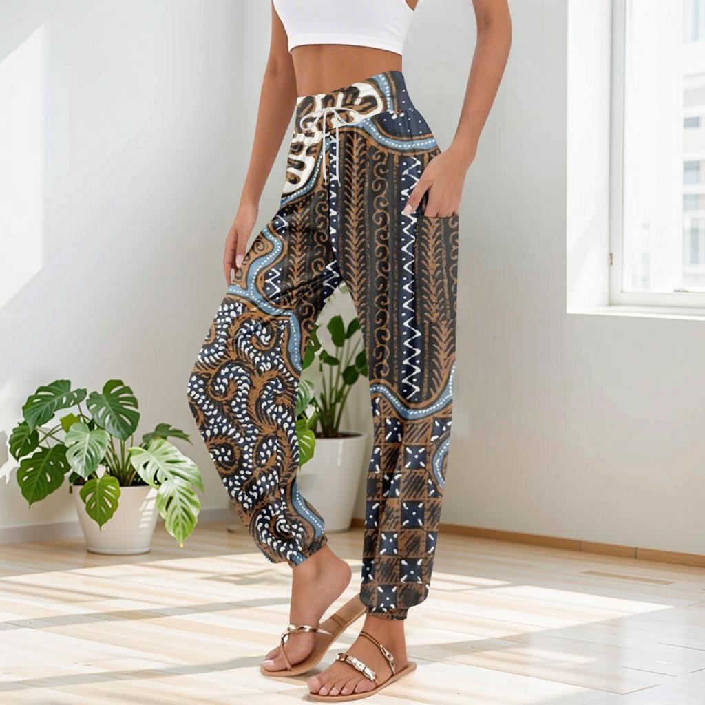 Women's Pocket Drawstring Trousers High Waist Yoga Bohemian Printed Casual Pants