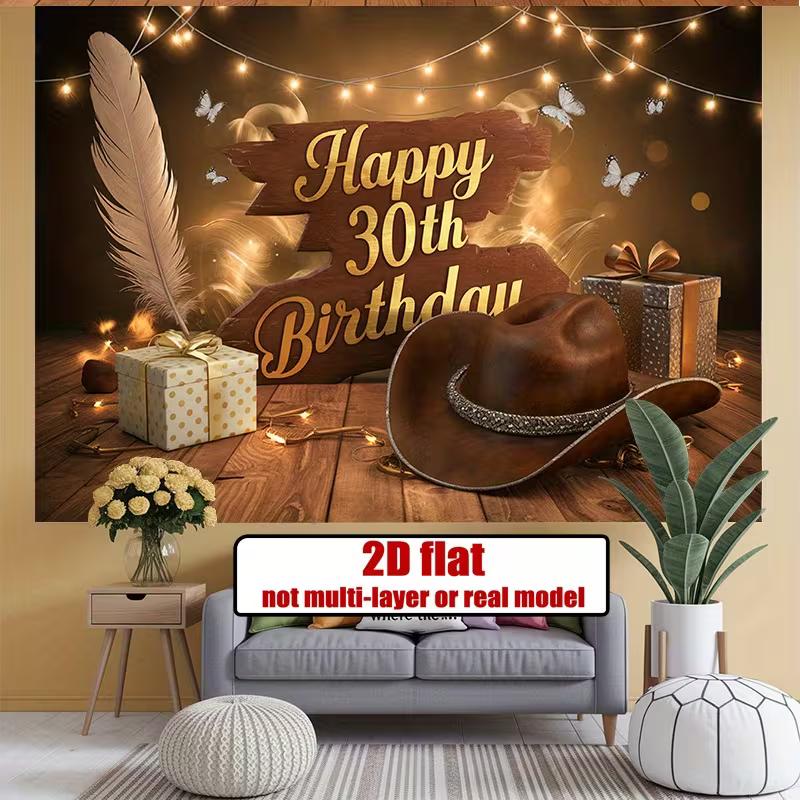 2D "Happy 30th Birthday" Backdrop Fairy Light & Cowboy Hat Background Cloth Party Decoration