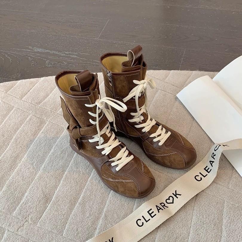 Retro lace-up Martin boots women's retro western style versatile and thin locomotive boots autumn and winter Maillard strap short boots