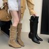 But Knee Boots Women's Thick Heel High Boots 2025 Autumn and Winter New Big Tube Circumference High Heel Pleated Piled Boots Knight Boots