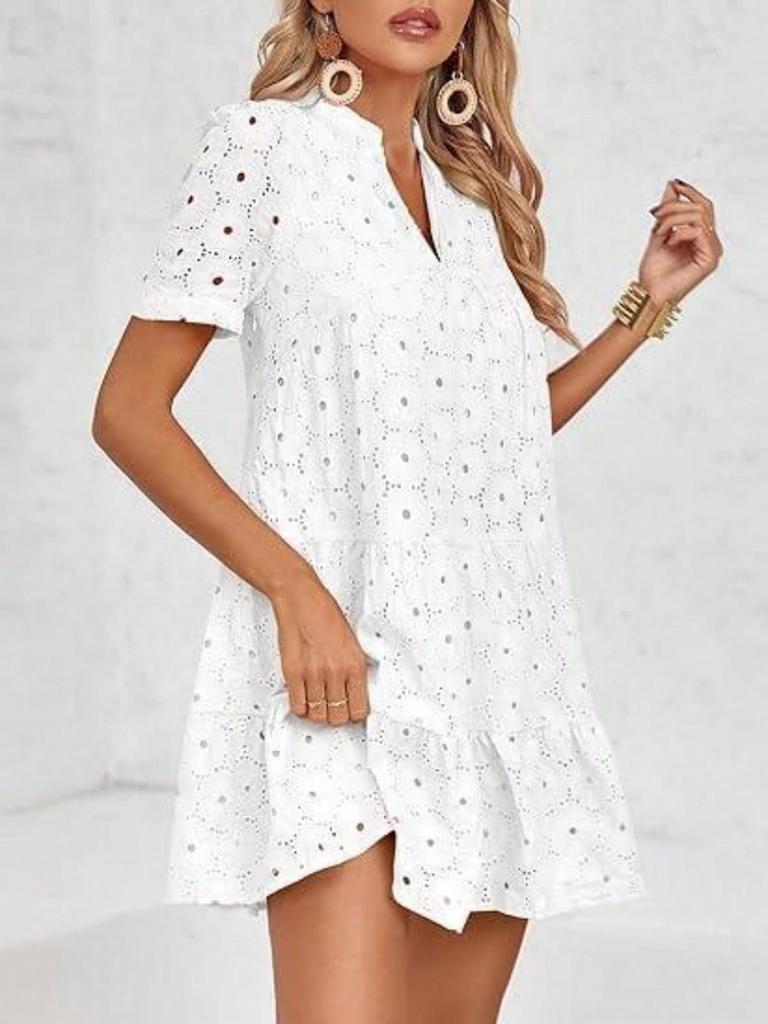 Women's Eyelet Lace Babydoll Dress Short Sleeve V Neck Flowy Summer Tunic Dress