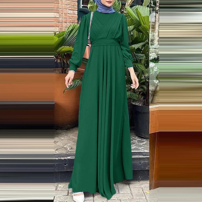 ZANZEA Muslim Women Casual Round Neck Long Sleeve Loose Long Dress