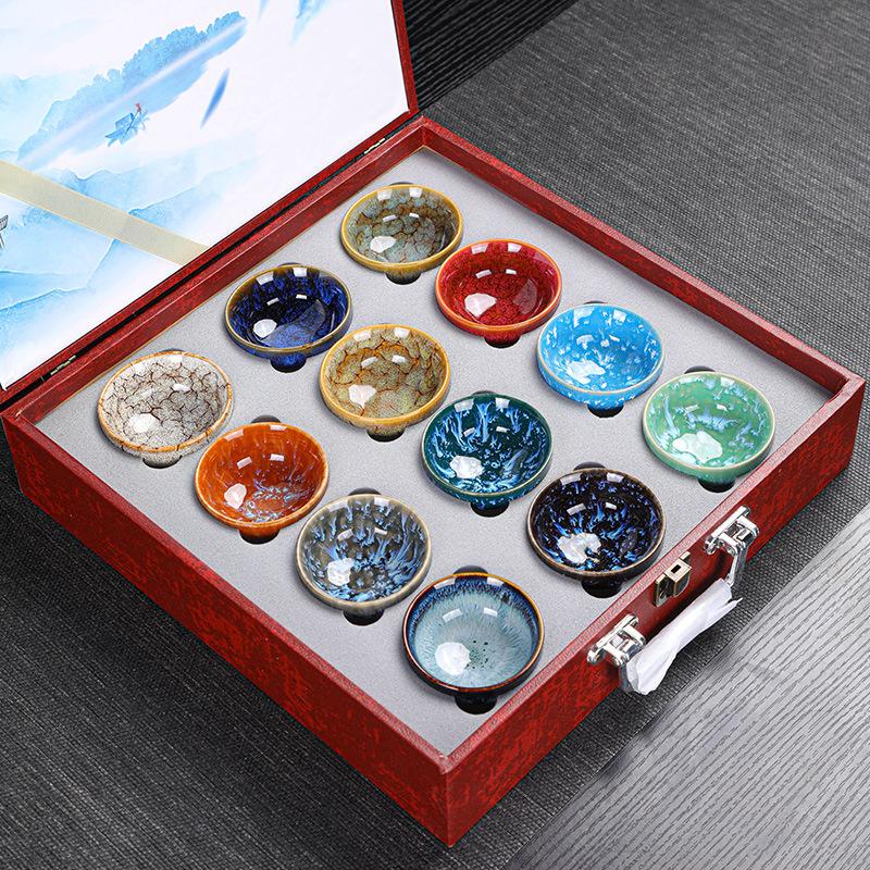 Kiln Change Jian Zhan Ceramic Kung Fu Tea Set Tea Cup Set Small Tea Bowl Tasting Cup Tea Cup Colorful12For home use and gift giv