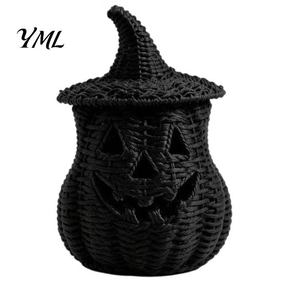 Rustic Fall Aesthetic Halloween Pumpkin Lantern Tabletop Decor, Woven Witch Hat Candy Bowl & LED Gothic Home Decor Prop, Centerpiece for Shelf Mantel