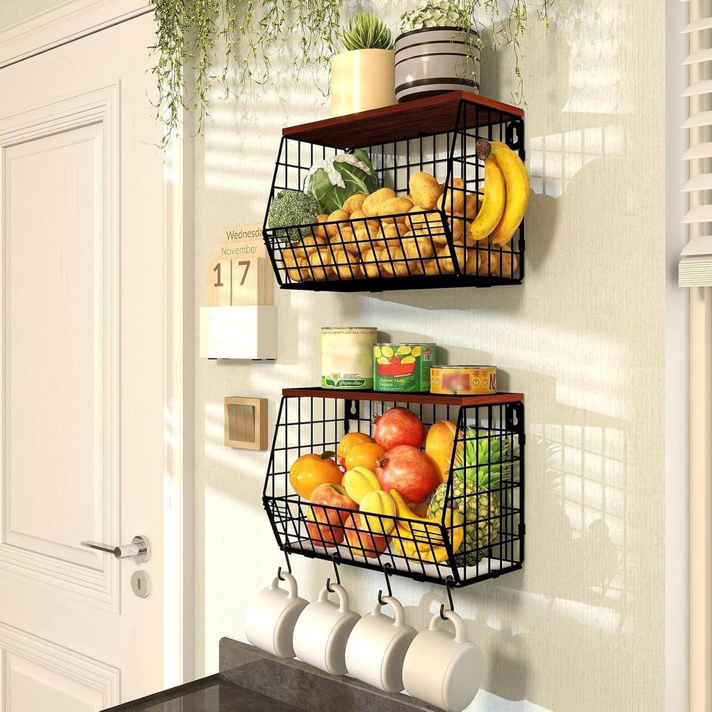 Fruit Basket, 2 Tier Fruit Basket, 2pcs Kitchen Organizer Basket with Wooden Lid Stackable and Wall Mountable Basket for Snacks and Vegetables Storage