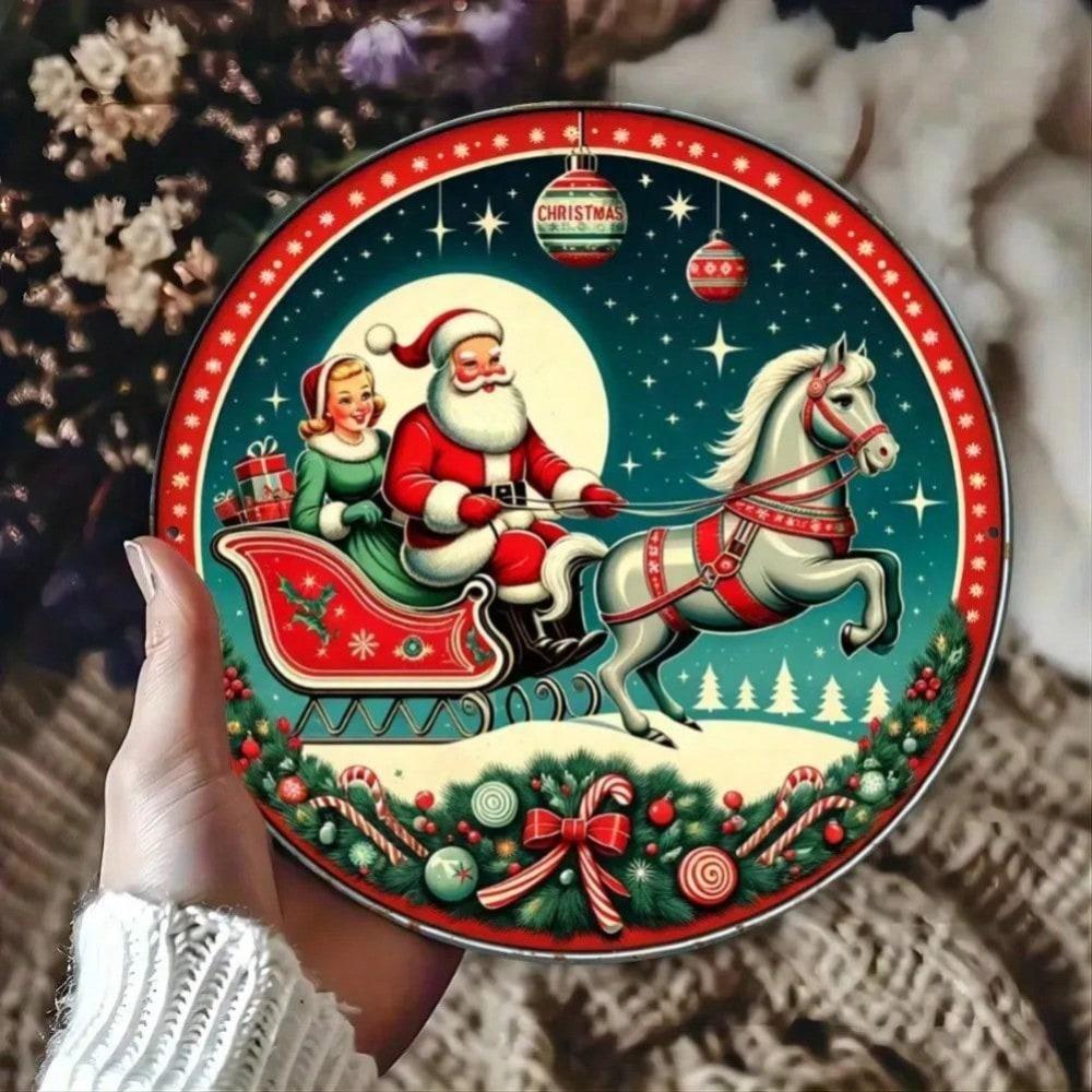 Vintage Tin Metal Art Christmas Sleigh Holiday Decor Santa Scene разноцветный