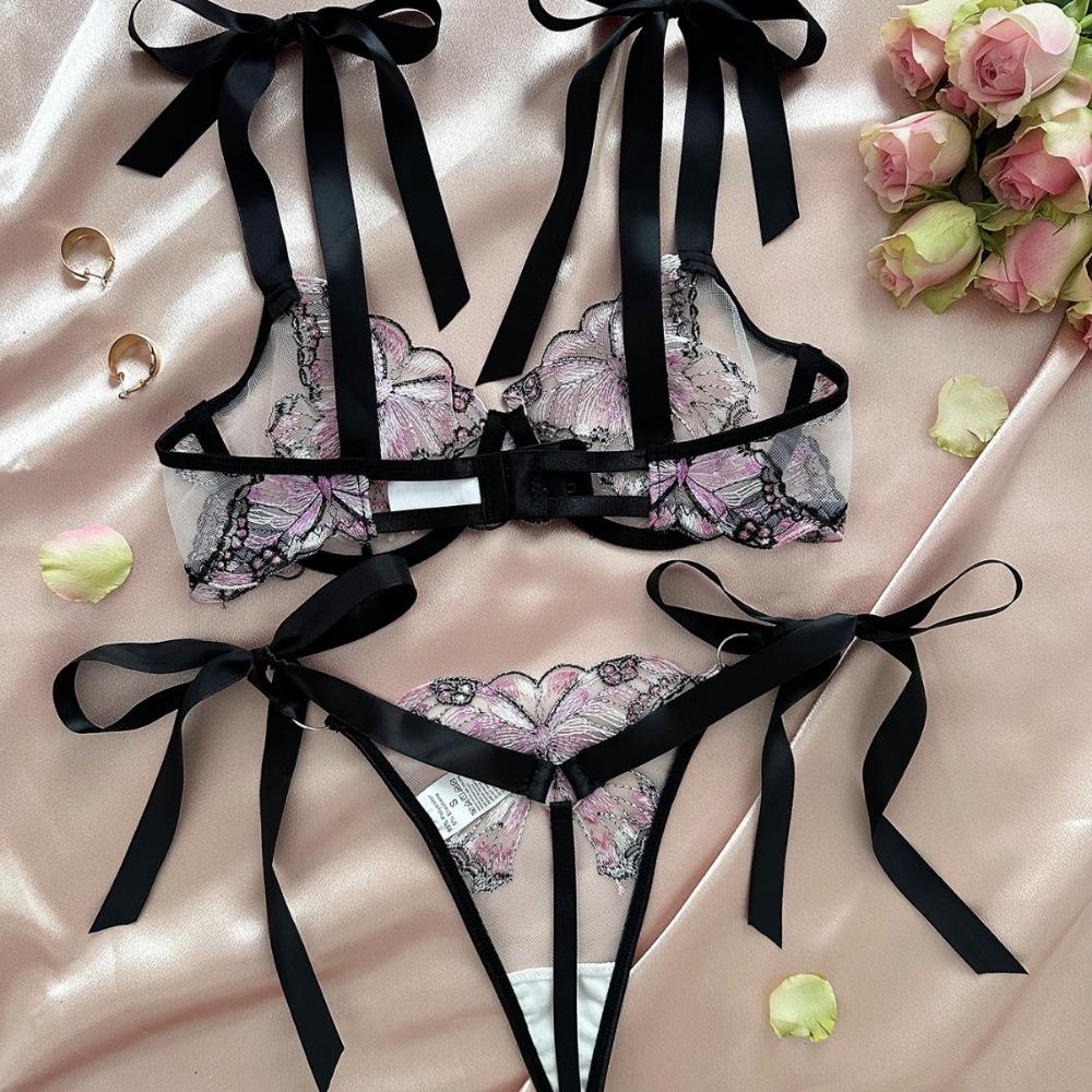 New Butterfly Embroidery Suspender Transparent Mesh Yarn Seductive Girl Sex Suit