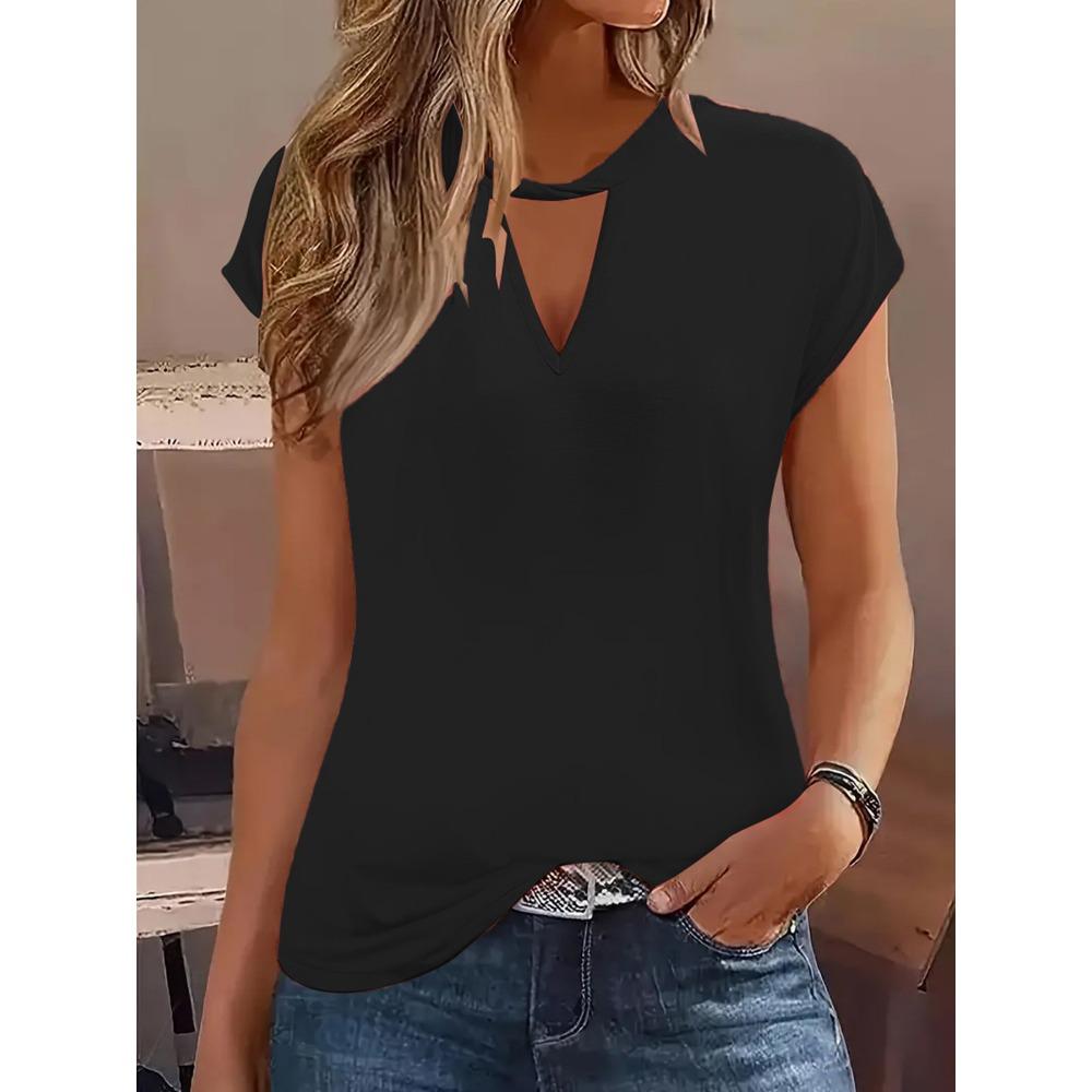 Women's Fashion Tops Short Sleeve V Neck Solid Color T-Shirt