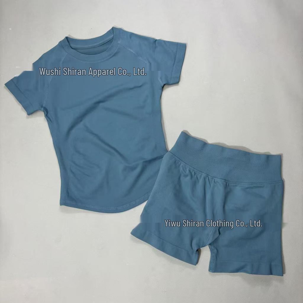 Damen nahtloses kurzärmeliges Sportset mit hoher Elastizität und atmungsaktivem schweißableitendem T-Shirt