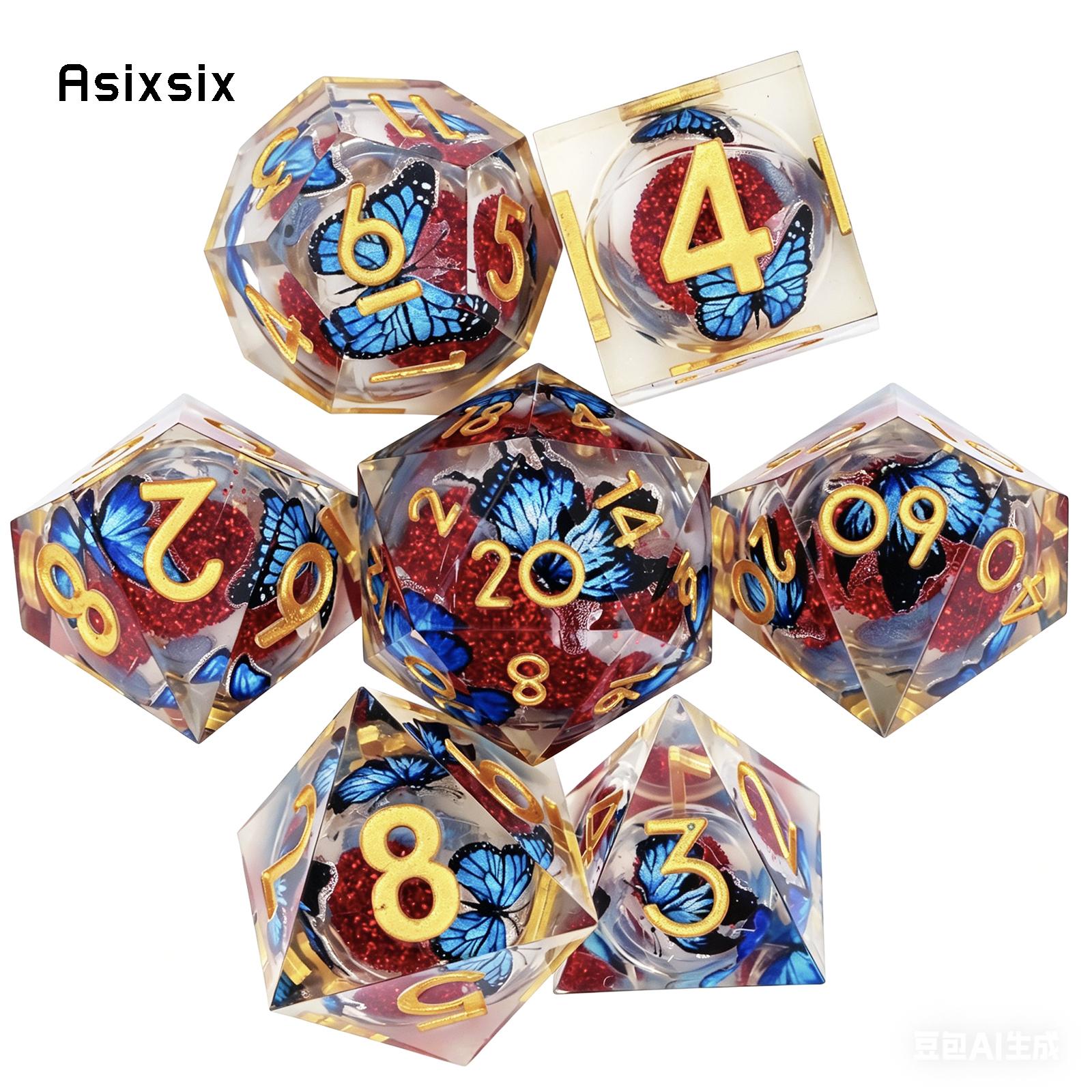 7 Pcs Colorful Blue Butterfly Red Resin Golden Number Sharp Edge Dice Polyhedral Dice Suitable for Role-Playing RPG Board Game красный