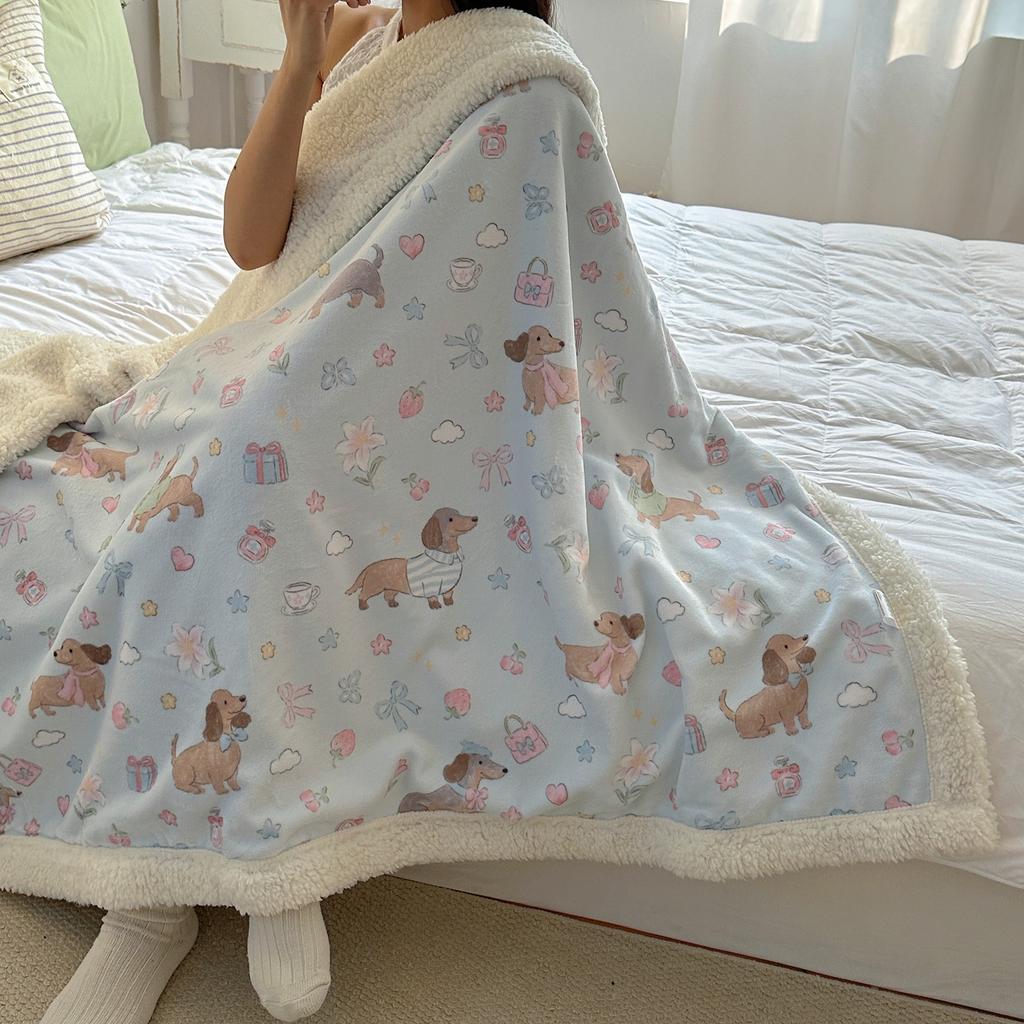 Cartoon Puppy Faux Lambs Wool Blanket Double Layer Thick Warm Fleece Throw Blanket for Sofa Bed Spring Autumn Soft Plush Blanket