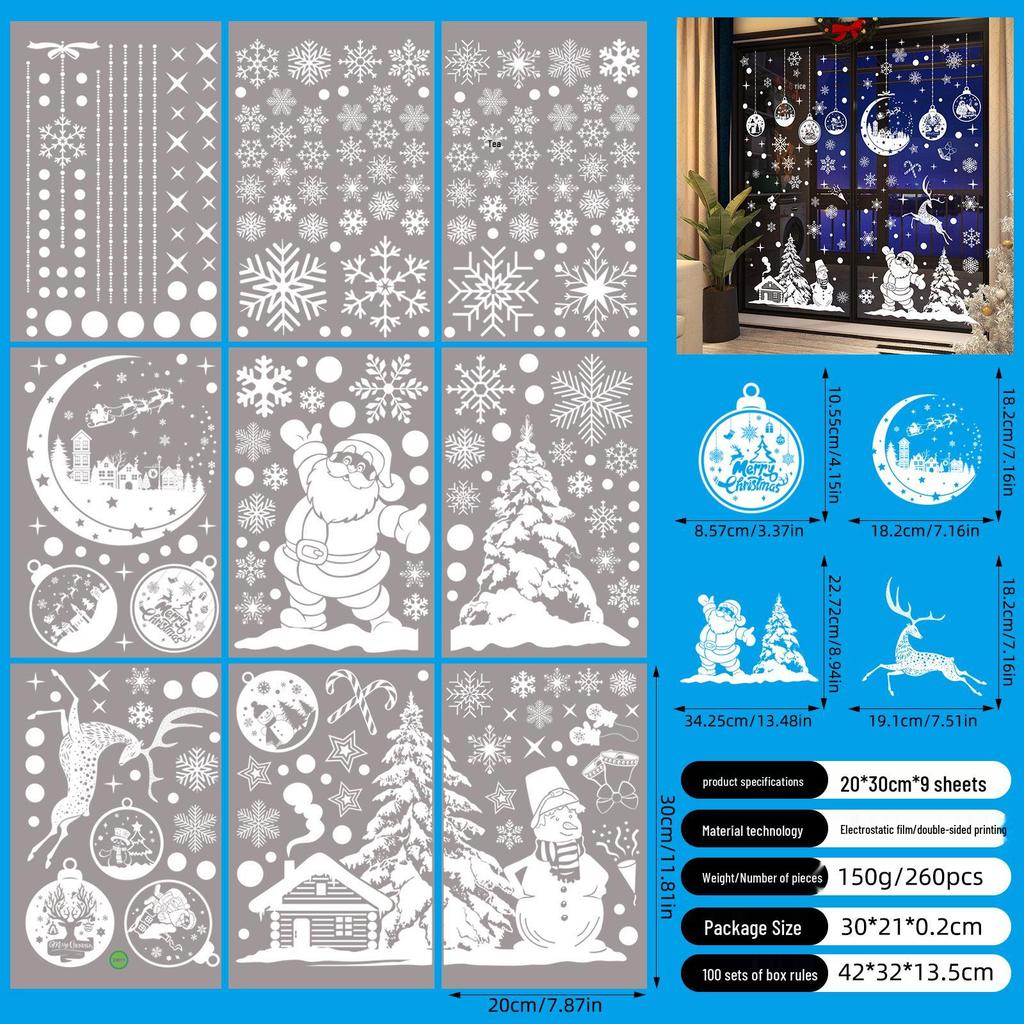 Christmas Snowflake and Reindeer Wall & Window Stickers - Static Santa Claus Decor for Refrigerator and Shops