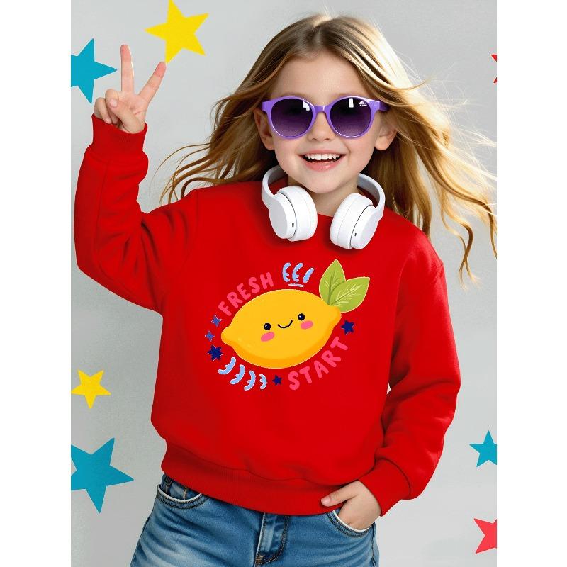 European sizes Fresh Lemon Start Day Girls' Crew Neck Sweatshirt, Autumn Winter Western Top, Long Sleeved Casual.