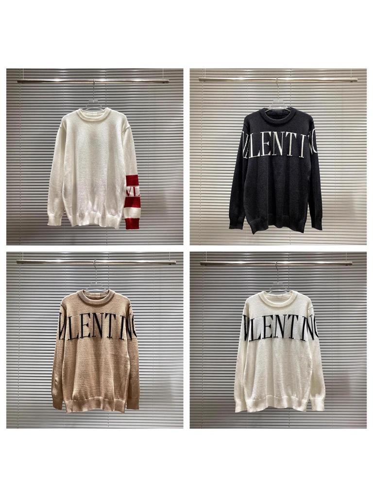VT Valentino Unisex pletený svetr: 25 stylů, volný střih, kulatý výstřih, žakárové logo s písmenem na hrudi.